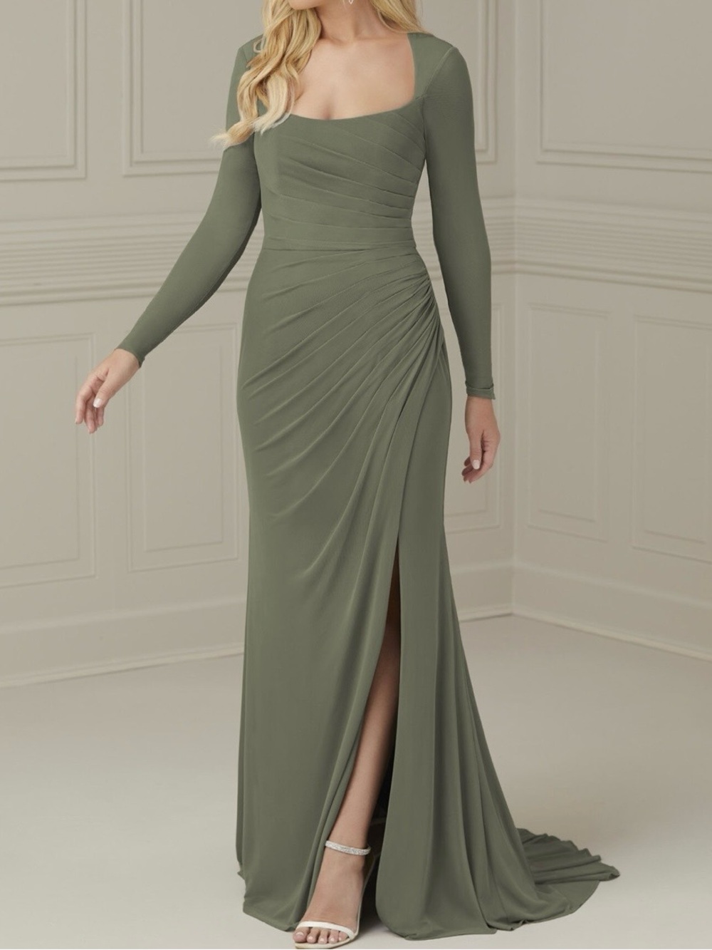 Christina Wu Olive Green Long Sleeve Ruched Gown